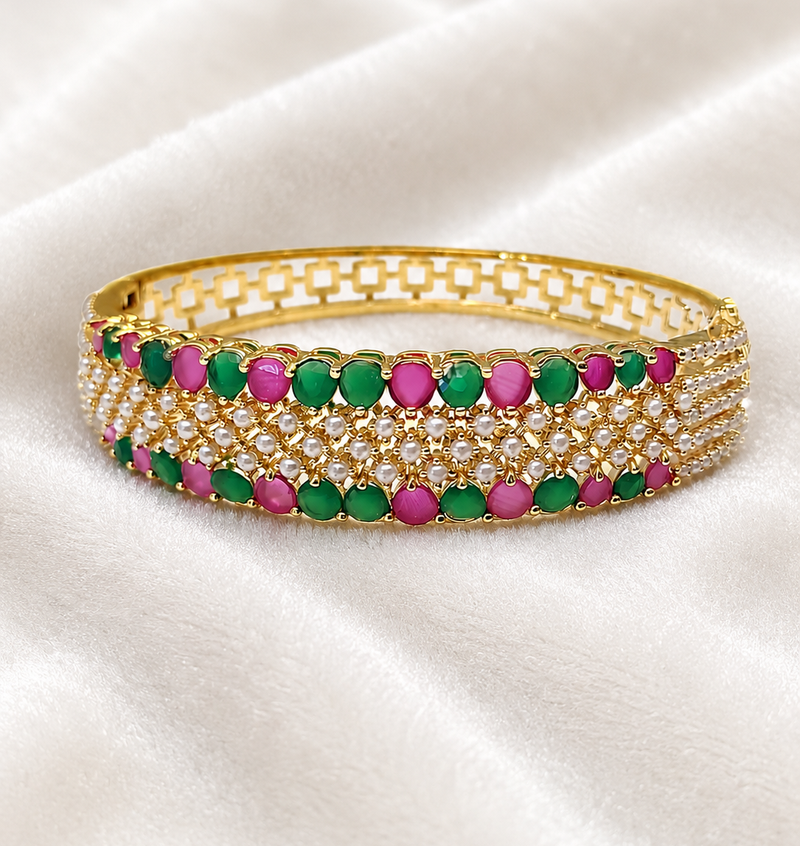 Gold-toned ruby emerald pearl kada bangle for women openable free size 