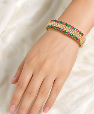 Gold-toned ruby emerald pearl kada bangle for women openable free size  2