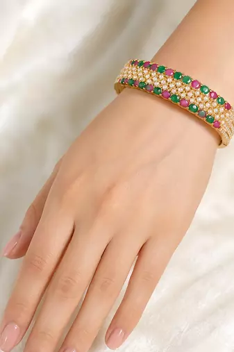 Gold-toned ruby emerald pearl kada bangle for women openable free size 