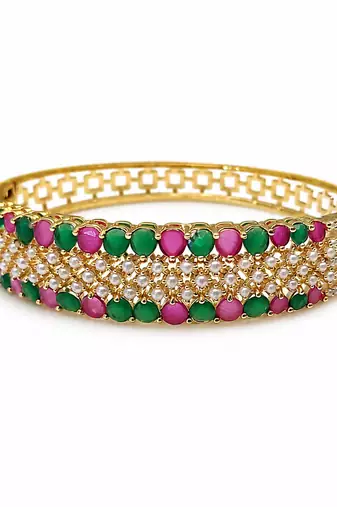 Gold-toned ruby emerald pearl kada bangle for women openable free size 