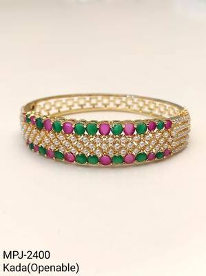 Gold-toned ruby emerald pearl kada bangle for women openable free size  4