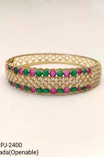 Gold-toned ruby emerald pearl kada bangle for women openable free size 