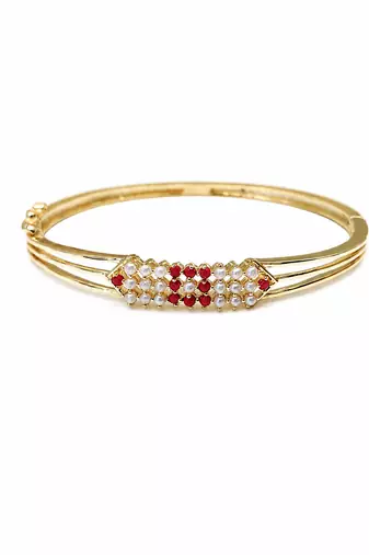 Gold-plated kada bangle with ruby and pearl embellishment openable free size 
