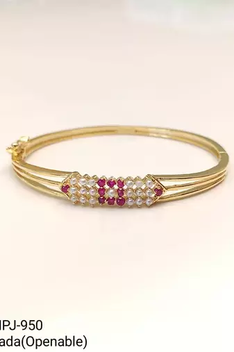Gold-plated kada bangle with ruby and pearl embellishment openable free size 