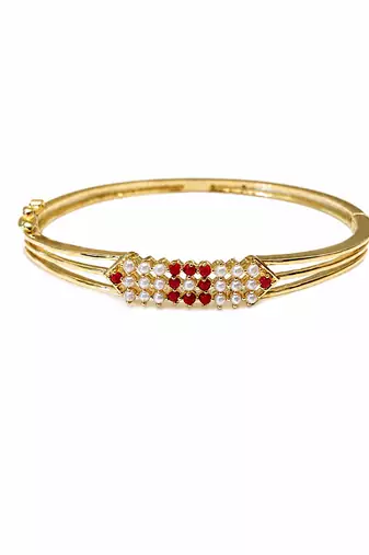 Gold-plated kada bracelet with ruby and pearl embellishments openable free size 
