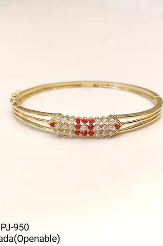 Gold-plated kada bracelet with ruby and pearl embellishments openable free size 