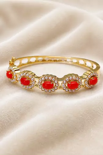 Gold-toned coral stone and pearl kada openable bangle free size 