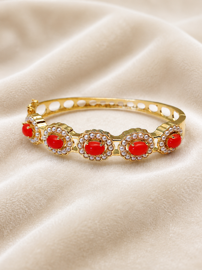 Gold-toned coral stone and pearl kada openable bangle free size 