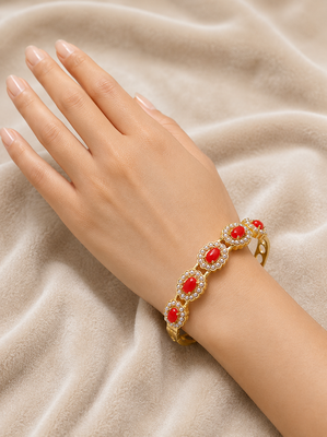 Gold-toned coral stone and pearl kada openable bangle free size  2