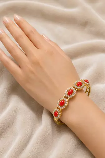 Gold-toned coral stone and pearl kada openable bangle free size 
