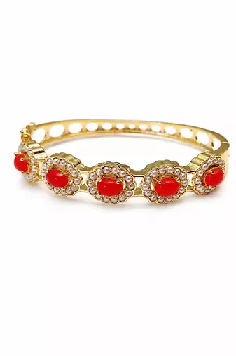 Gold-toned coral stone and pearl kada openable bangle free size 