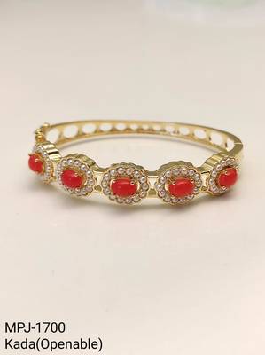 Gold-toned coral stone and pearl kada openable bangle free size  4