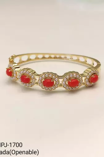 Gold-toned coral stone and pearl kada openable bangle free size 