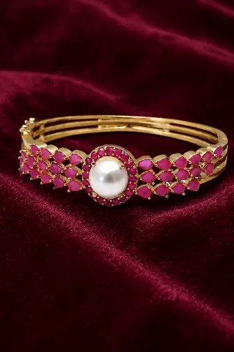 Ruby & pearl gold-toned openable kada bangle for girls and women free size 
