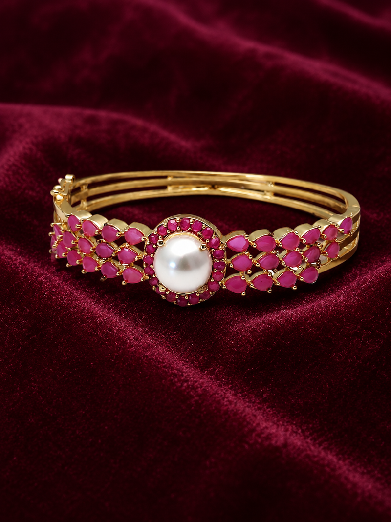 Ruby & pearl gold-toned openable kada bangle for girls and women free size 