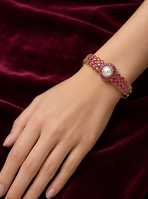 Ruby & pearl gold-toned openable kada bangle for girls and women free size  2