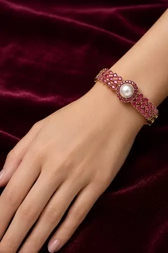 Ruby & pearl gold-toned openable kada bangle for girls and women free size 
