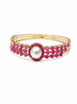 Ruby & pearl gold-toned openable kada bangle for girls and women free size  3