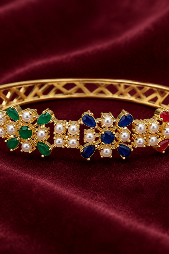 Gold-toned floral kada bangle with pearl & multicolour stones openable free size 
