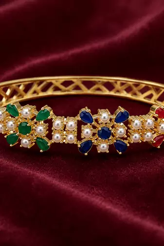 Gold-toned floral kada bangle with pearl & multicolour stones openable free size 