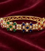 Gold-toned floral kada bangle with pearl & multicolour stones openable free size 