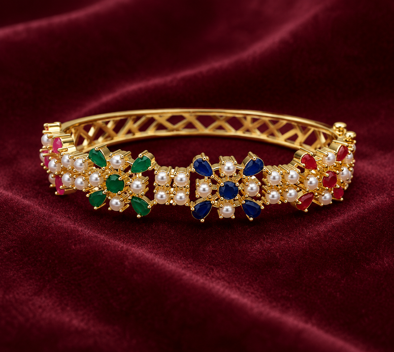 Gold-toned floral kada bangle with pearl & multicolour stones openable free size 