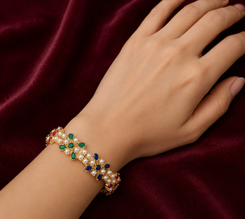 Gold-toned floral kada bangle with pearl & multicolour stones openable free size  2