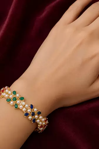 Gold-toned floral kada bangle with pearl & multicolour stones openable free size 
