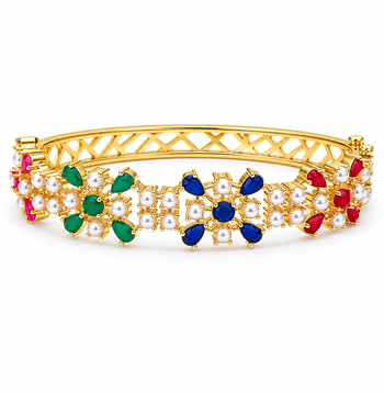 Gold-toned floral kada bangle with pearl & multicolour stones openable free size  3