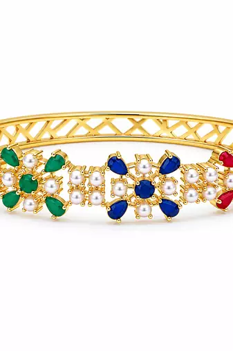 Gold-toned floral kada bangle with pearl & multicolour stones openable free size 