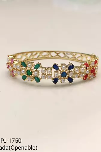 Gold-toned floral kada bangle with pearl & multicolour stones openable free size 