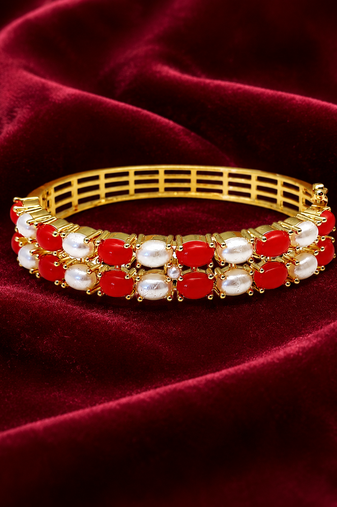 Red coral & pearl gold-toned openable kada bangle free size 