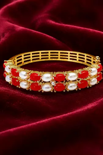 Red coral & pearl gold-toned openable kada bangle free size 