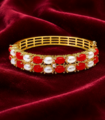 Red coral & pearl gold-toned openable kada bangle free size 