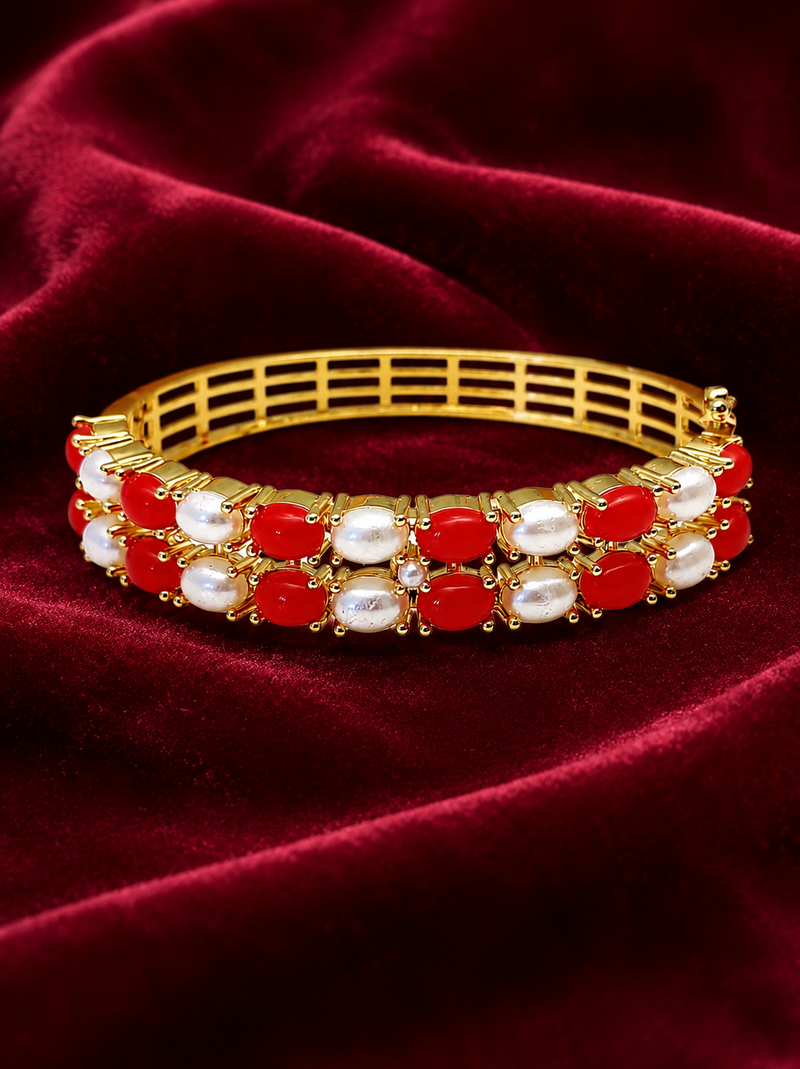 Red coral & pearl gold-toned openable kada bangle free size 