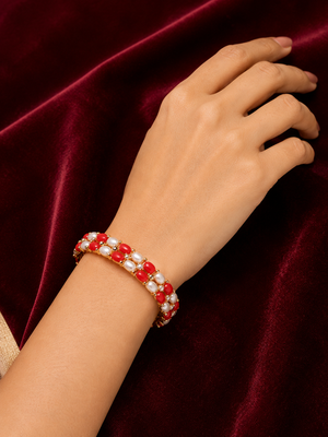 Red coral & pearl gold-toned openable kada bangle free size  2
