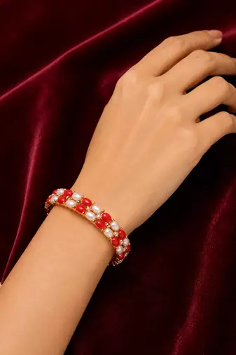 Red coral & pearl gold-toned openable kada bangle free size 