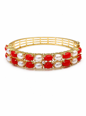 Red coral & pearl gold-toned openable kada bangle free size  3