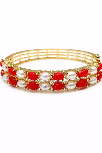 Red coral & pearl gold-toned openable kada bangle free size 