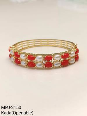Red coral & pearl gold-toned openable kada bangle free size  4