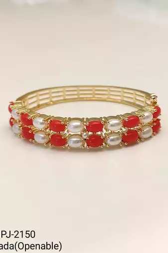Red coral & pearl gold-toned openable kada bangle free size 