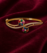 Gold-plated navratan floral kada bracelet with cz stones openable free size 