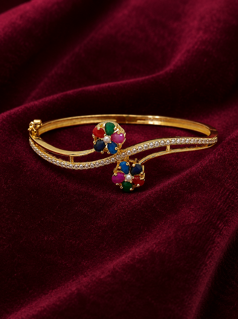 Gold-plated navratan floral kada bracelet with cz stones openable free size 