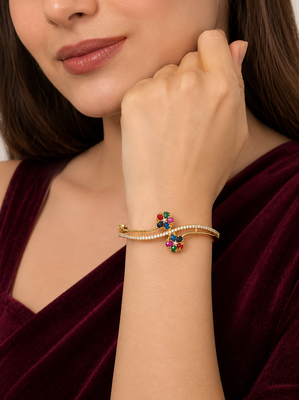 Gold-plated navratan floral kada bracelet with cz stones openable free size  2