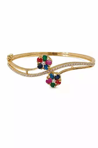 Gold-plated navratan floral kada bracelet with cz stones openable free size 