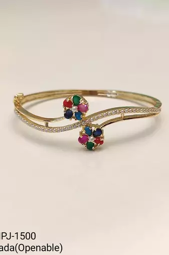 Gold-plated navratan floral kada bracelet with cz stones openable free size 