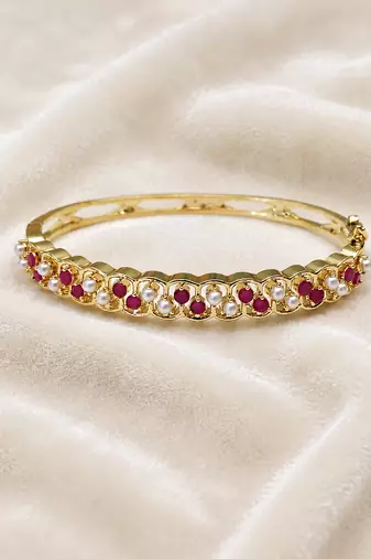  Gold-toned ruby and pearl kada bangle for women openable free size 