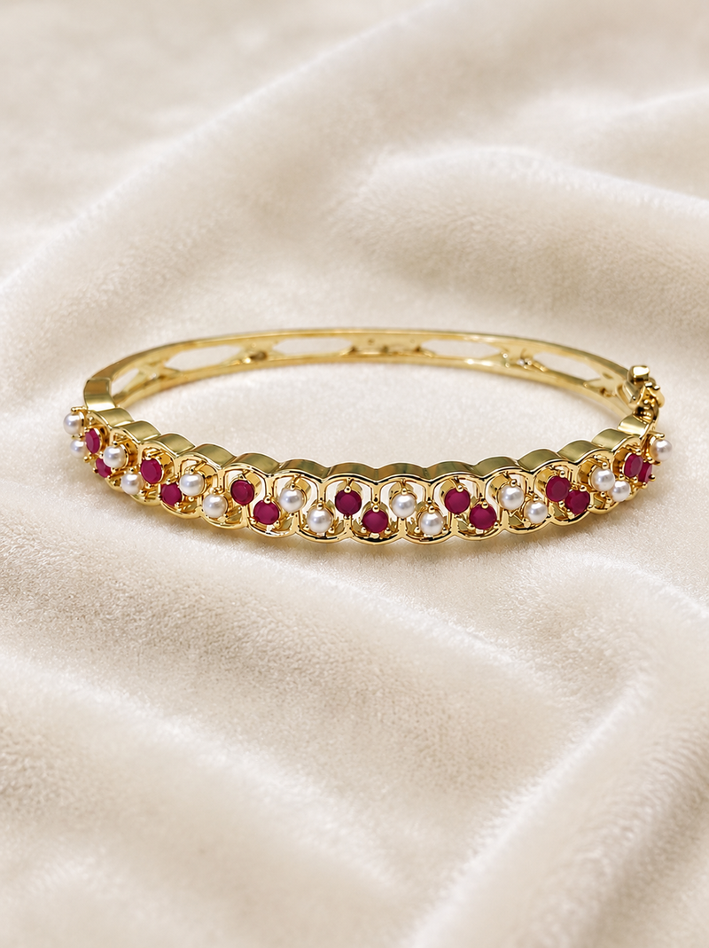  Gold-toned ruby and pearl kada bangle for women openable free size 