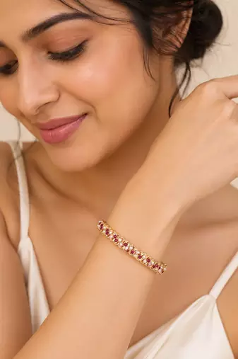  Gold-toned ruby and pearl kada bangle for women openable free size 