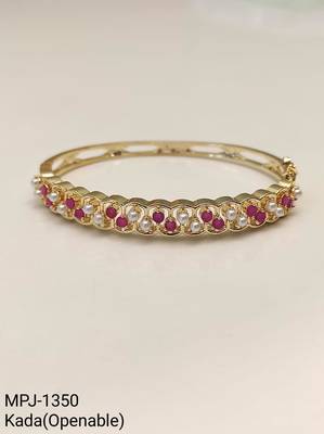  Gold-toned ruby and pearl kada bangle for women openable free size  4